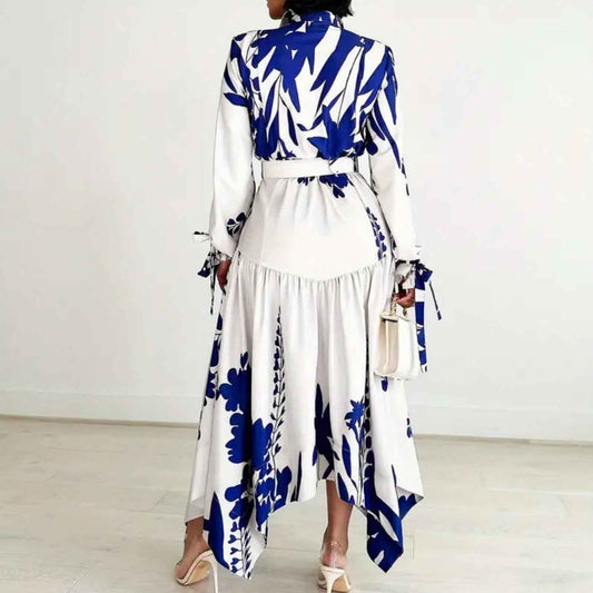 Elegant Blue & White Floral Midi Dress – Belted Button-Up, Long Sleeve,