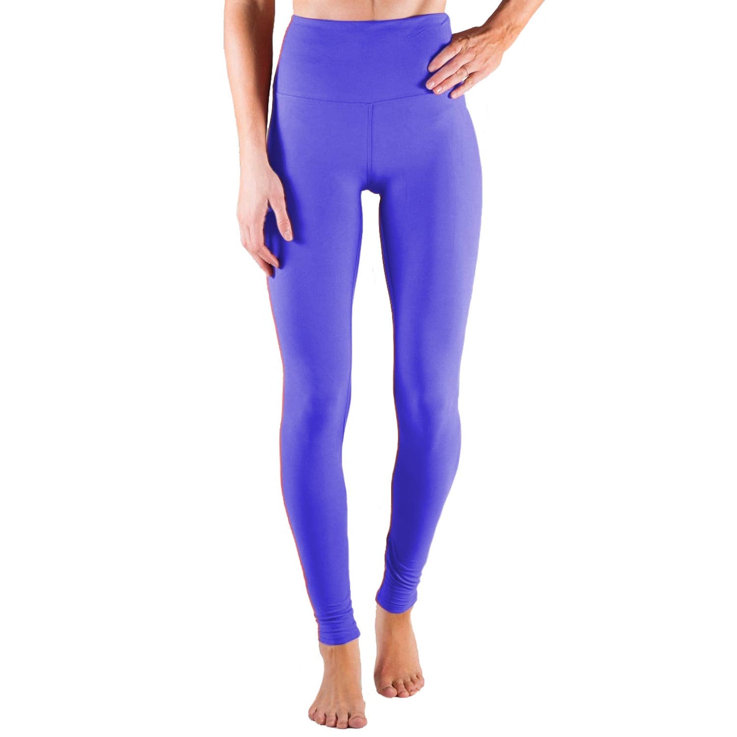 Person wearing bright blue leggings on a white background