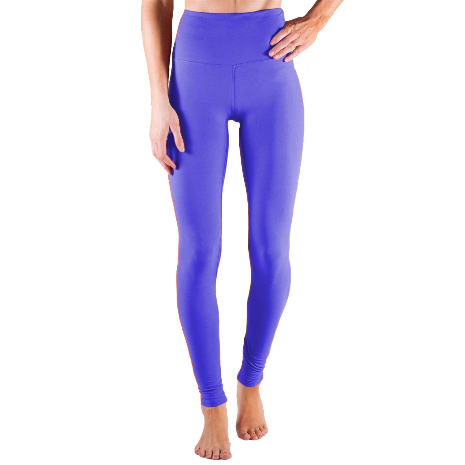 Person wearing bright blue leggings on a white background