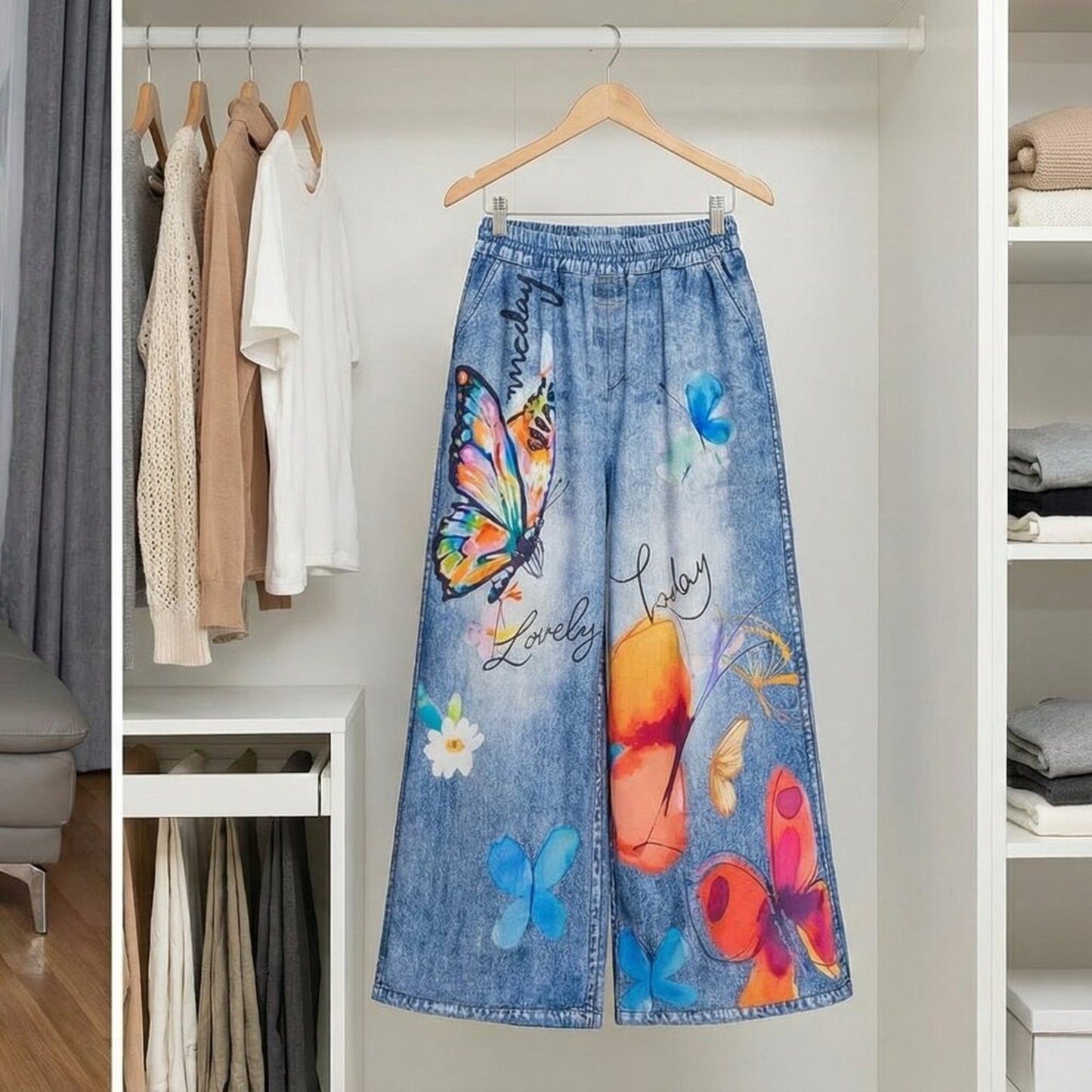 Knit Denim Statement Pants | Butterfly Print Wide Leg | Plus Size