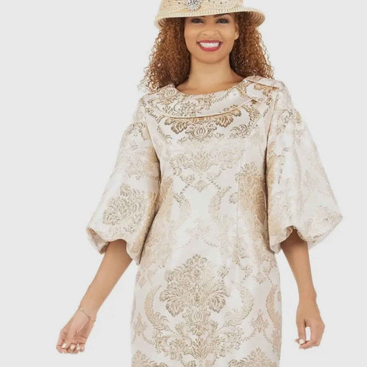 Giovanna Champagne Midi Dress with 3/4 Bishop Sleeves and Bateau Neckline