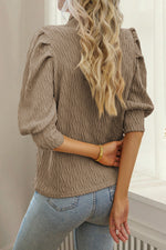 Load image into Gallery viewer, Taupe Textured Ruched Puff Sleeve Mock Neck Top
