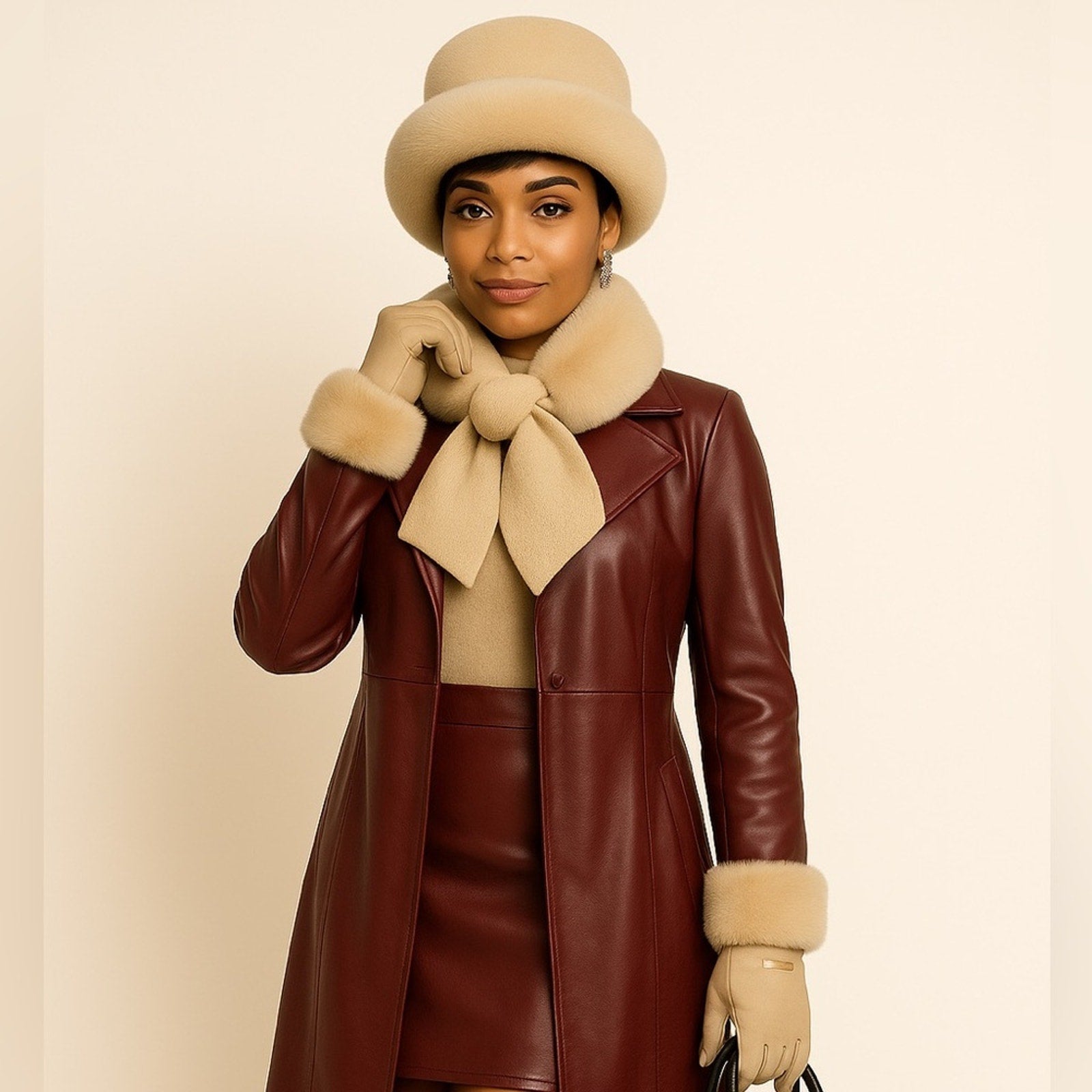 Woman wearing a brown leather coat with beige fur trim and matching hat on a beige background