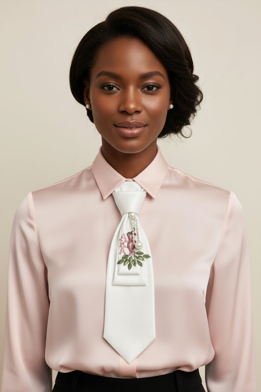 White tie with decorative elements on a mannequin torso against a white background