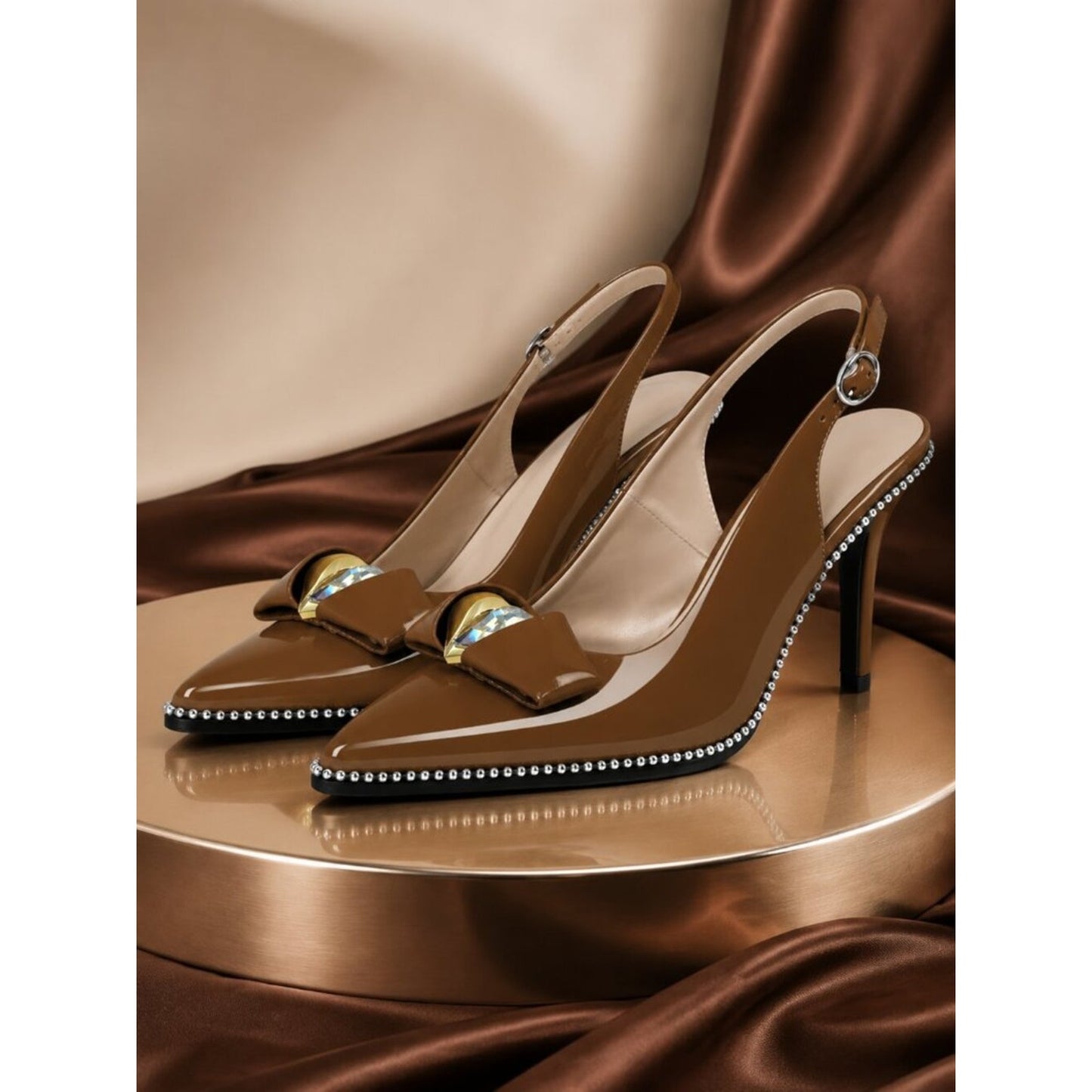 Patent Grey Slingback Stiletto Pumps | Pointed Toe Jewel Heel