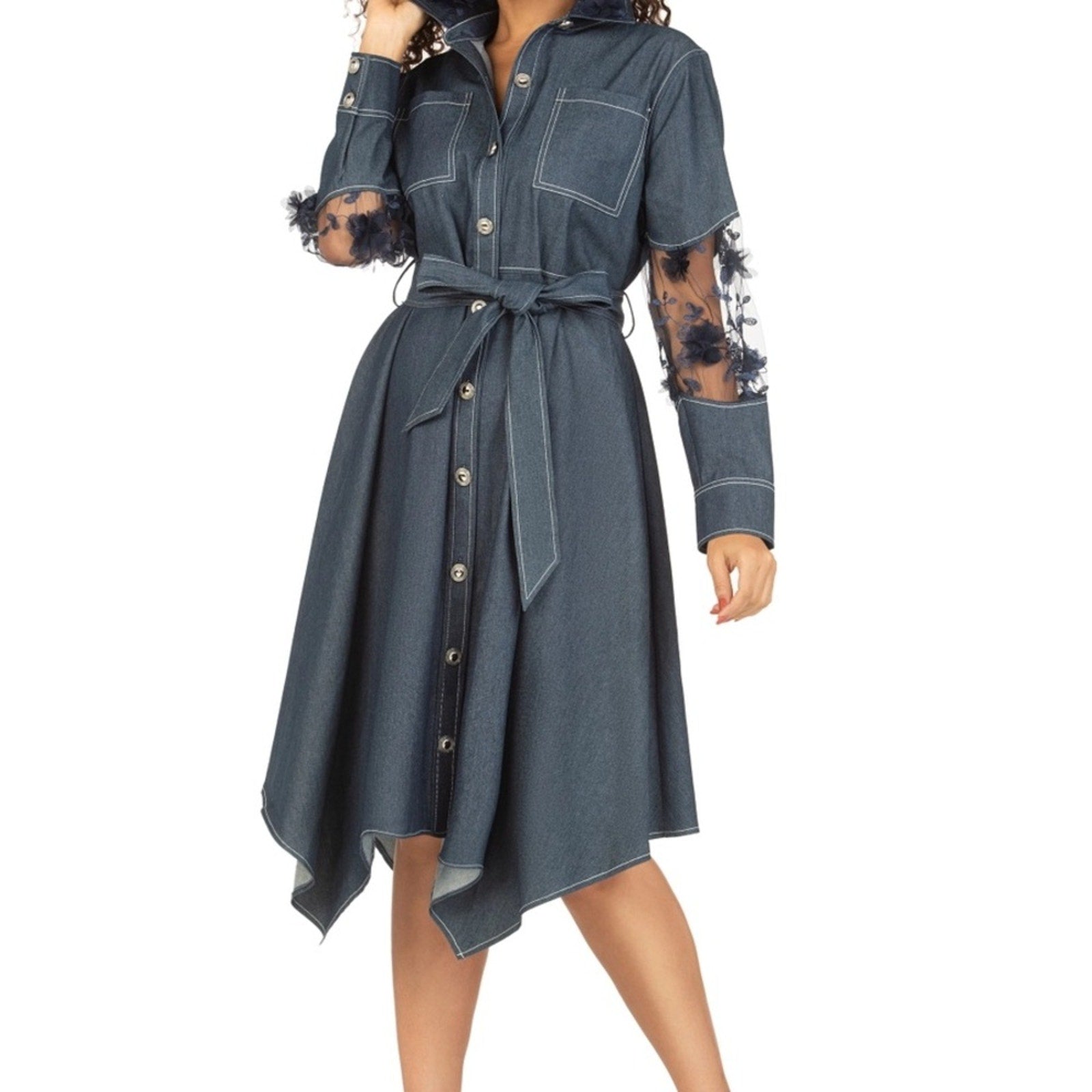 Blue denim dress with floral sleeves on a white background