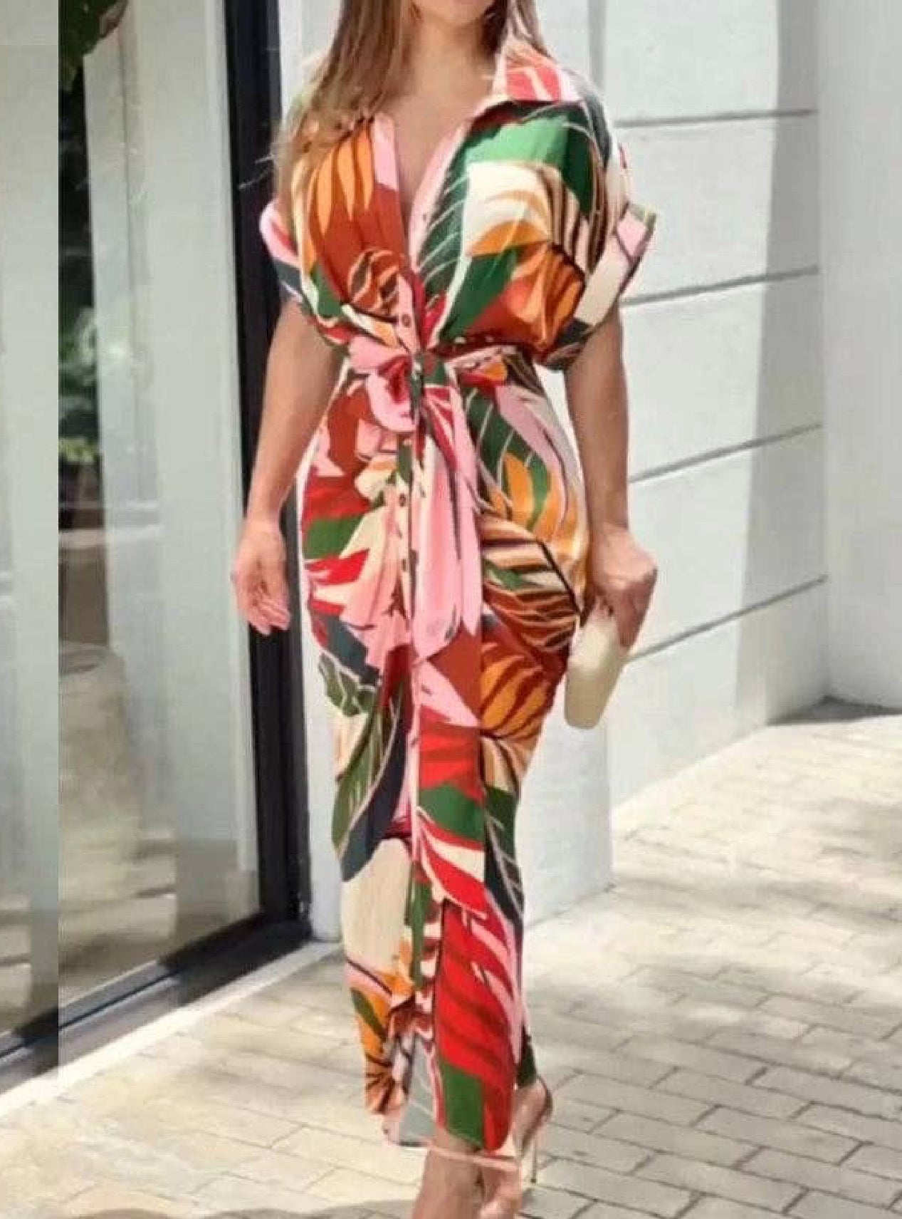 Buttoned Printed Tied Waist High Waisted Short Sleeves Lapel Shirt Dress Maxi Dresses