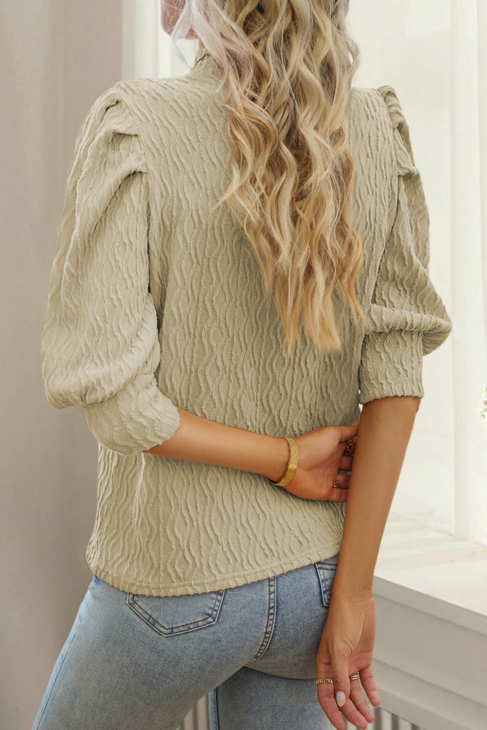 Taupe Textured Ruched Puff Sleeve Mock Neck Top