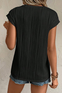 Black Solid Color Wavy Textured Cap Sleeve Top