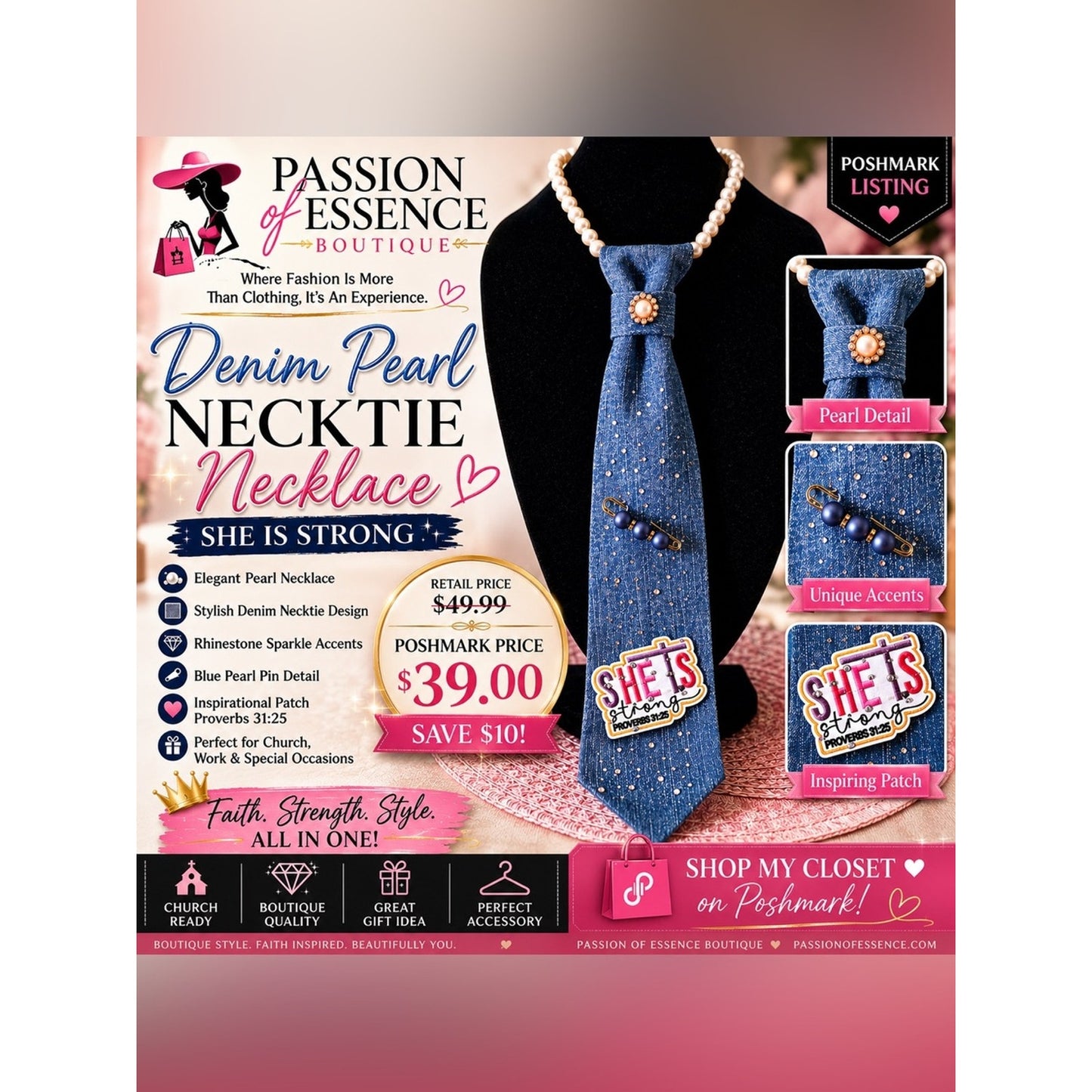 Denim pearl necktie necklace with promotional text and images on a white background