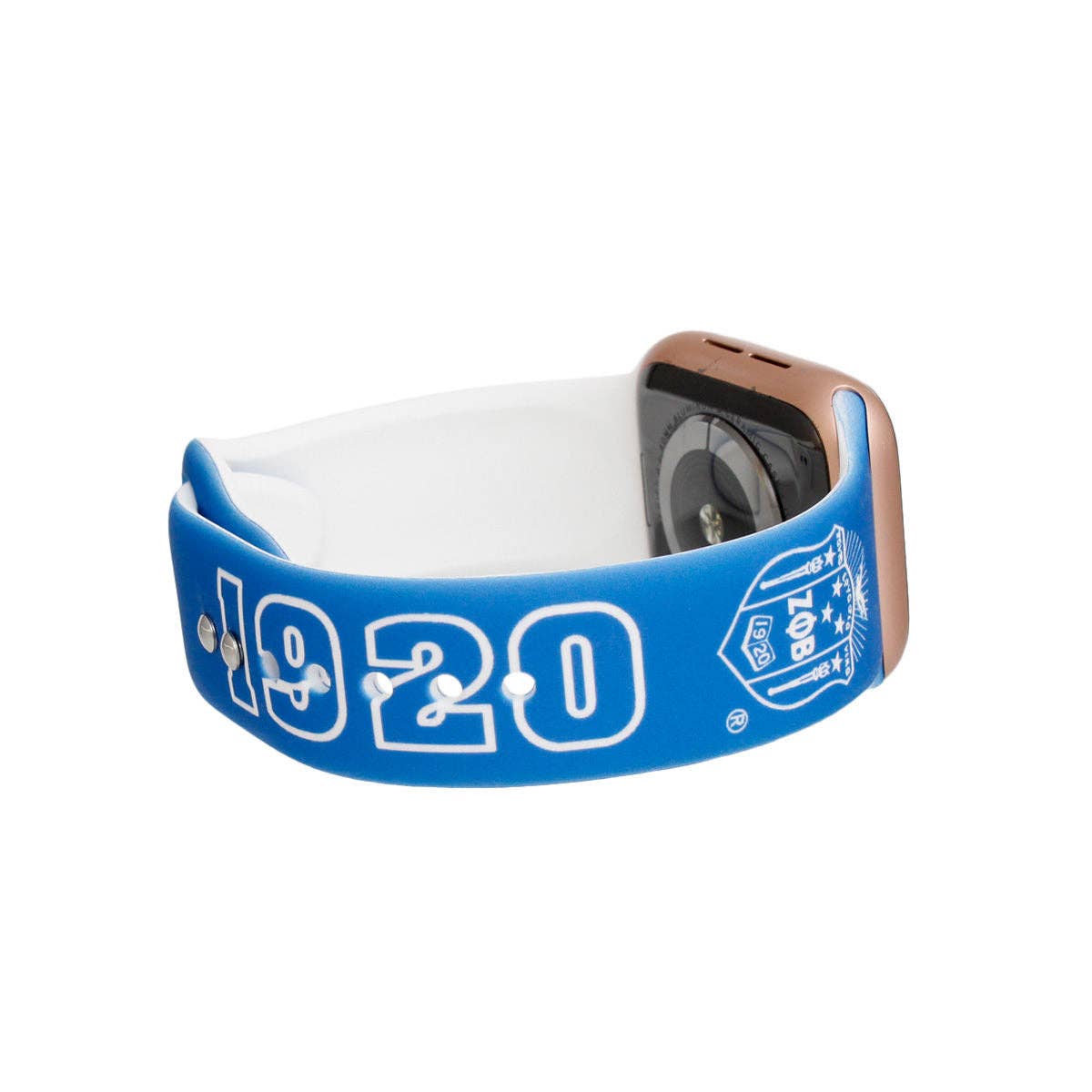 Blue and white wristband with '1920' branding on a white background