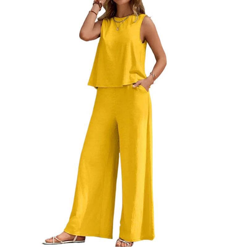 Solid Color Sleeveless Tank Top & Wide-Leg Pants Set