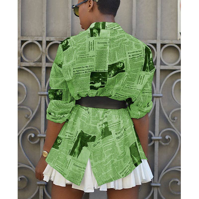 MB FASHION Newspaper Print Long-Sleeve Button-Up Blazer 3175