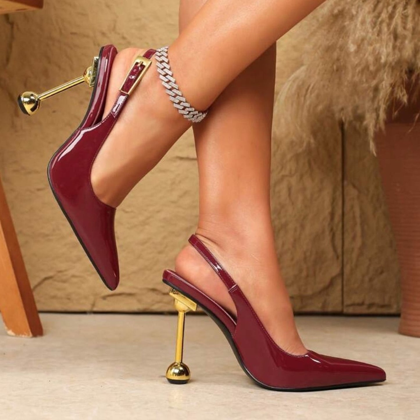 Elegant Burgundy Patent Slingback Heels with Gold Ball Stiletto
