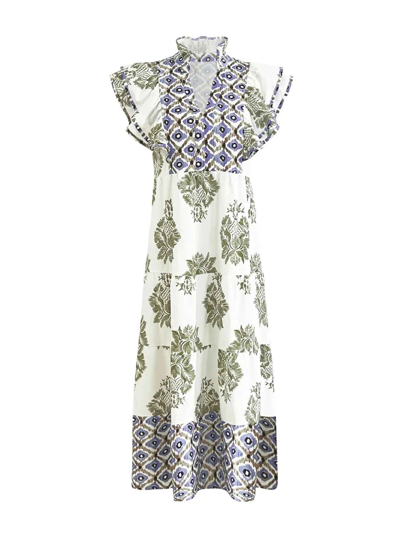 Printed Notched Ruffled Cap Sleeve Dress