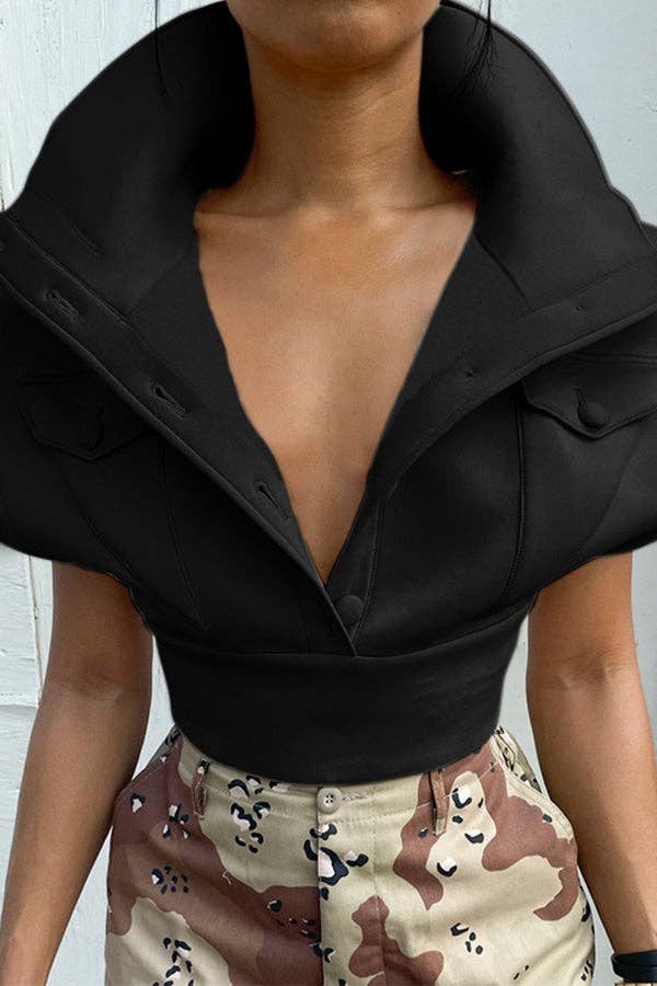 MB FASHION Cropped High Collar Button-Up Top 452R
