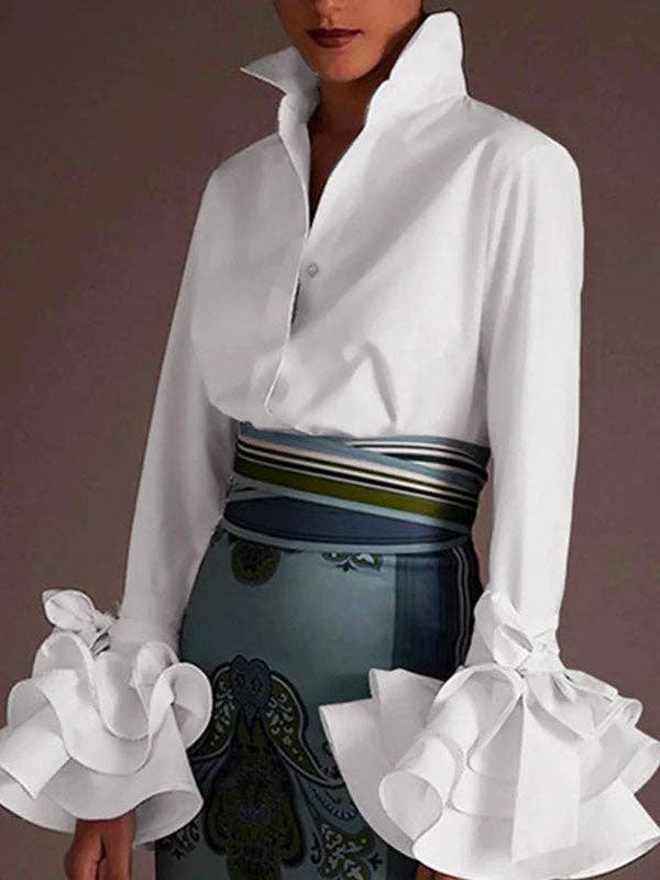 Cotton-Blend Flared Sleeve Bow Falbala Lapel Blouse