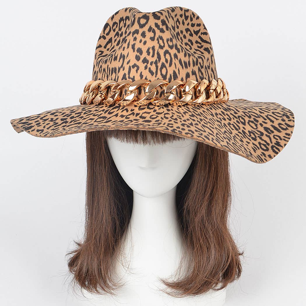 Leopard Faux Wool Hat W/oversized Chain