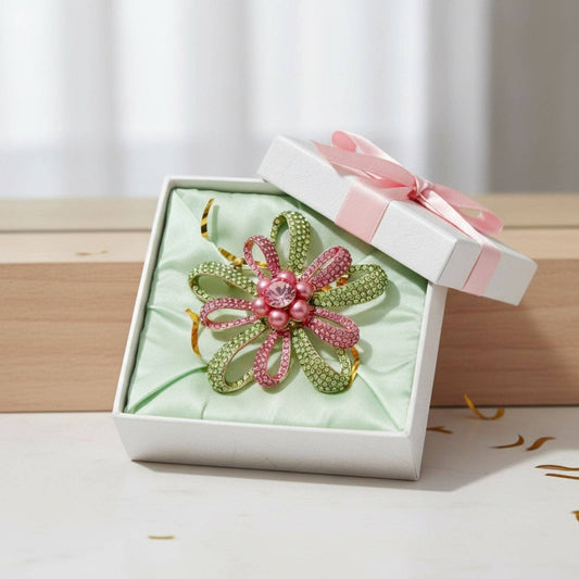 Brooch AKA Large Pink Green Stone Loop Pearl Pin