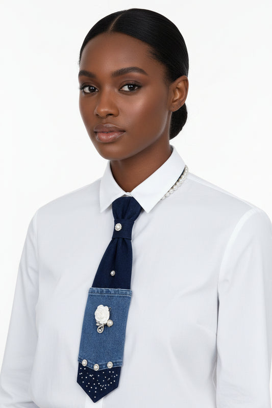 Navy blue denim bag with floral embellishments on a white background