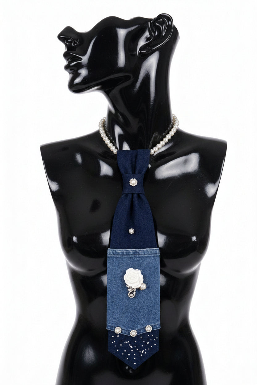 Navy blue denim bag with floral embellishments on a white background