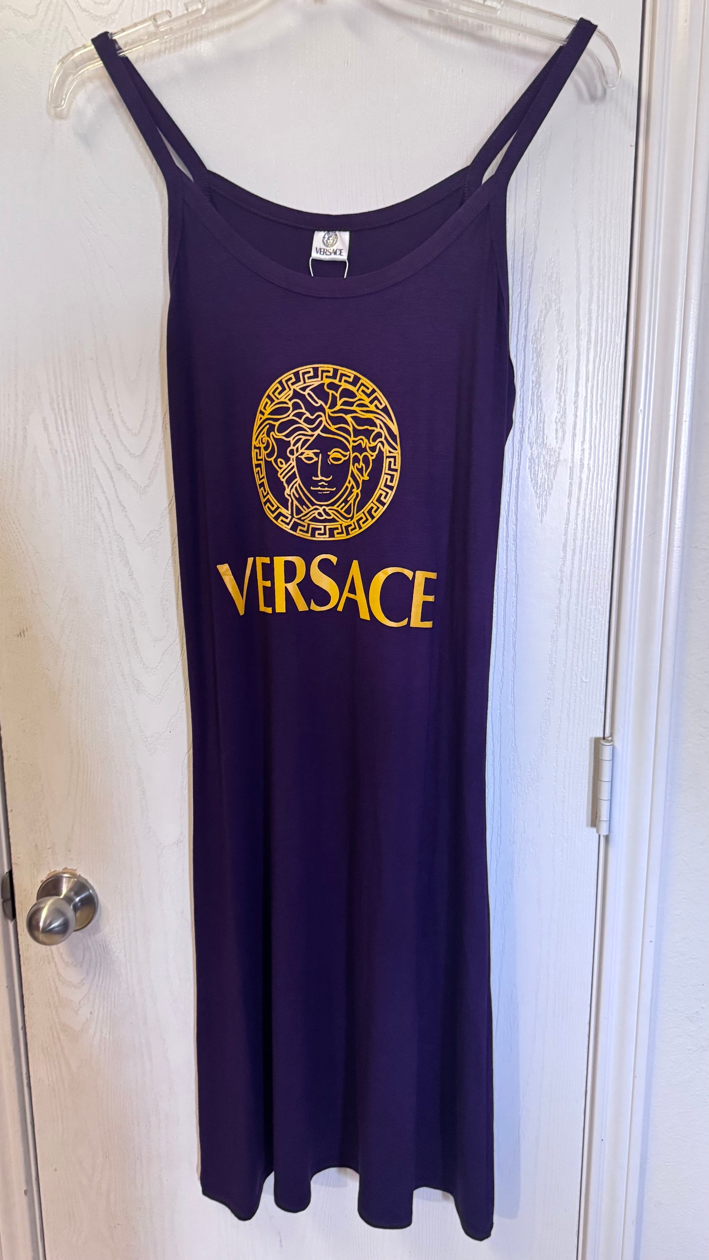 Purple Designer-Inspired Medusa Logo Midi Dress – Effortless Luxe Style