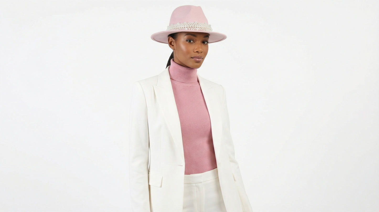 Woman wearing a white blazer, pink sweater, and pink hat on a white background