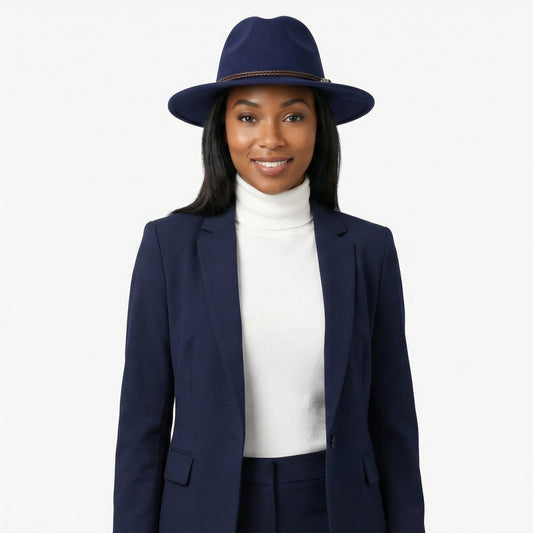 Woman wearing a navy blazer, white turtleneck, and navy hat on a white background