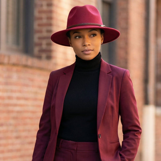 Person wearing a maroon suit and hat standing against a brick wall.