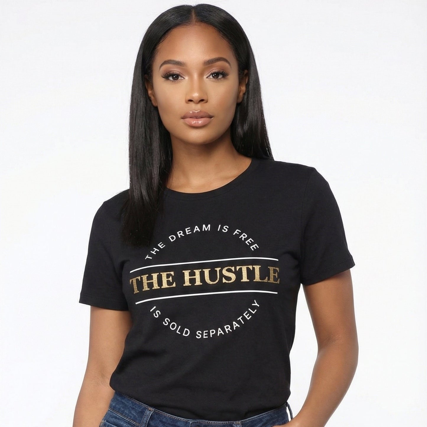 Woman wearing a black t-shirt with text, standing against a white background