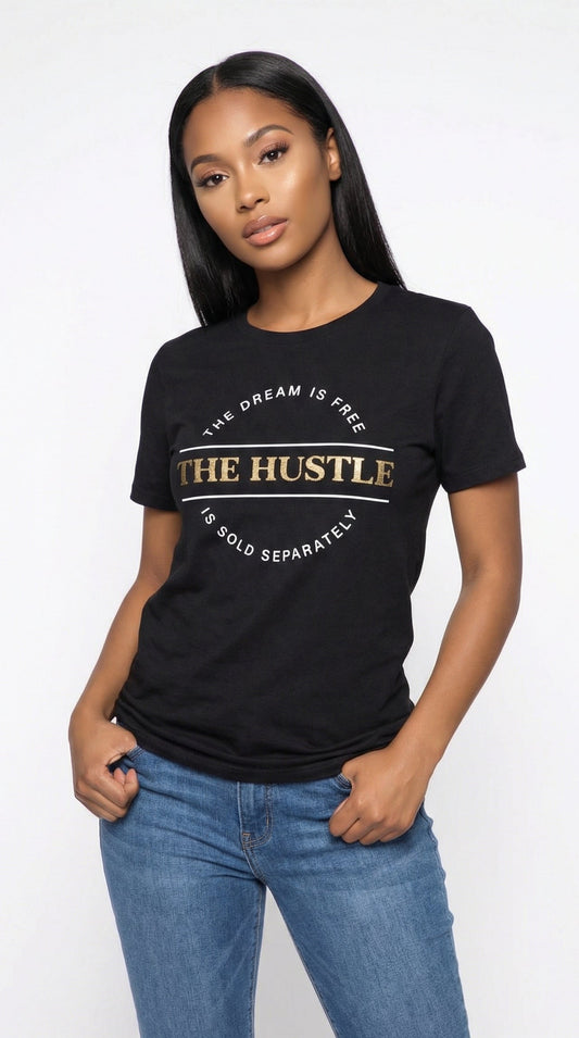 Woman wearing a black t-shirt with text, standing against a white background