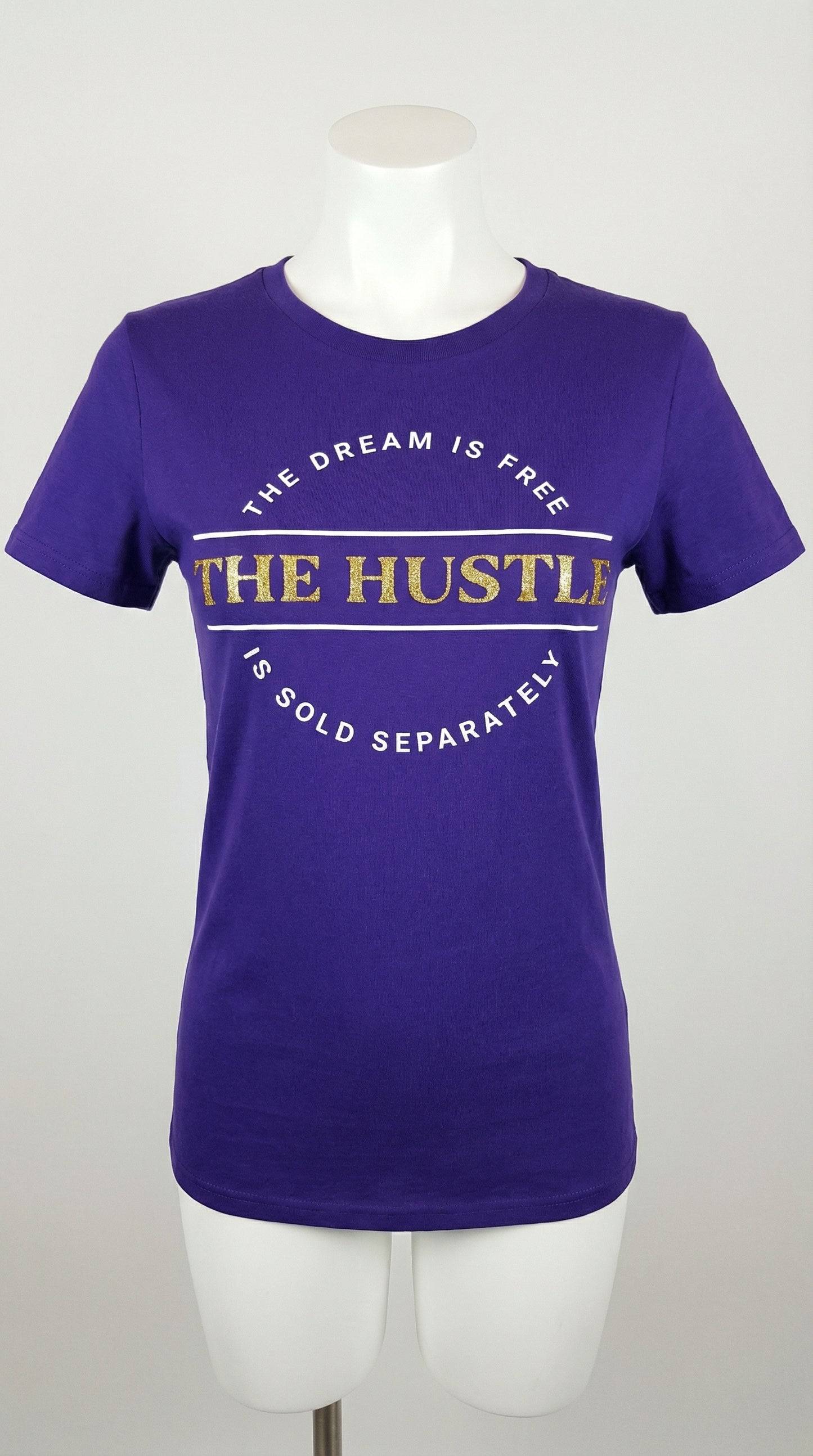 Purple t-shirt with text on a mannequin against a white background