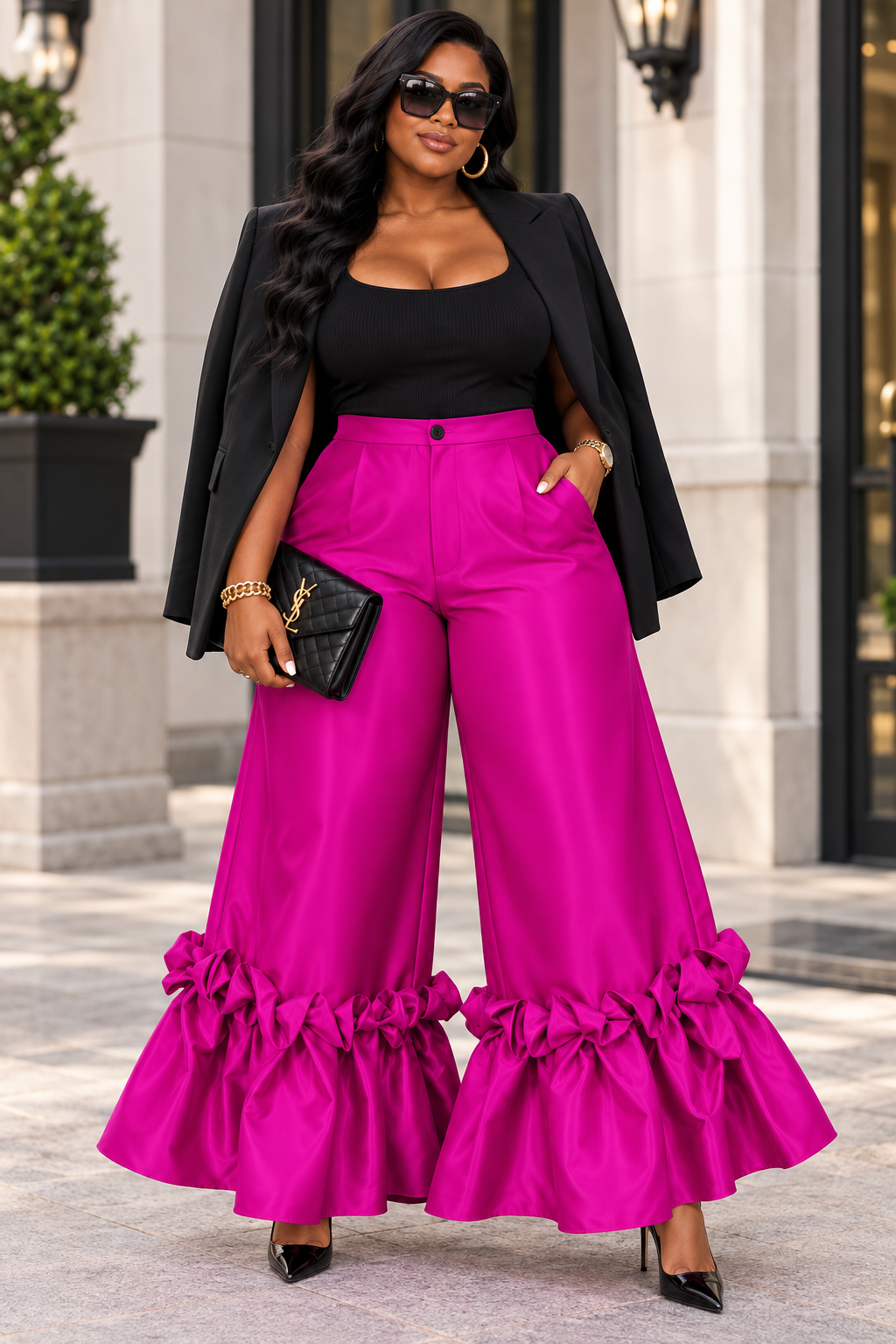 Plus Size Fuchsia High-Waist Wide-Leg Statement Ruffle Pants 1X–3X