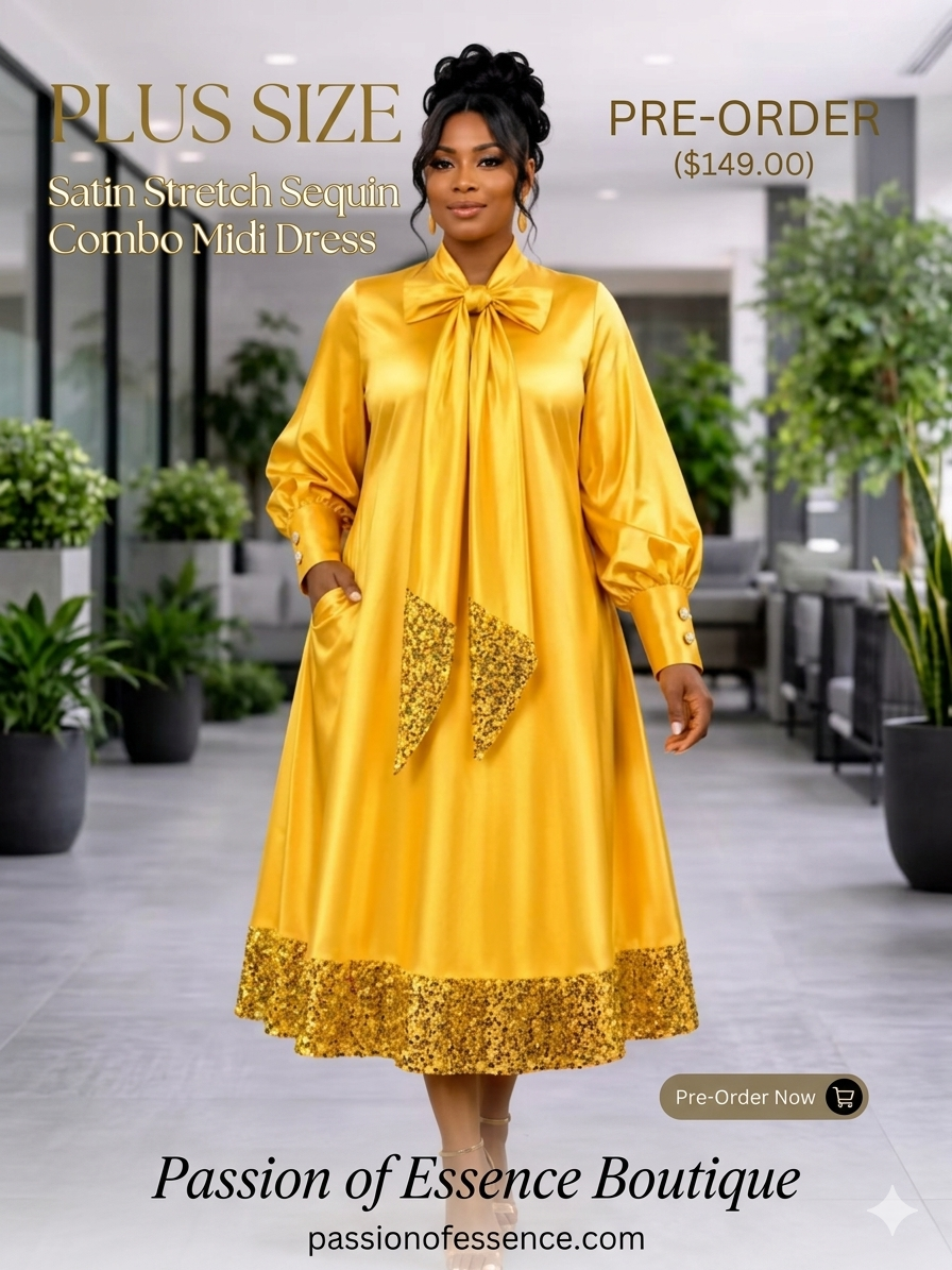 Woman wearing a yellow satin dress with sequin details in an indoor setting.