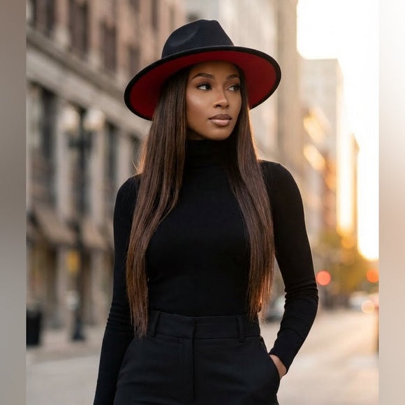 Woman wearing a black turtleneck and wide-brimmed hat on a city street.