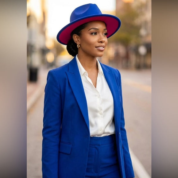 Woman wearing a blue suit and hat with a blurred street background