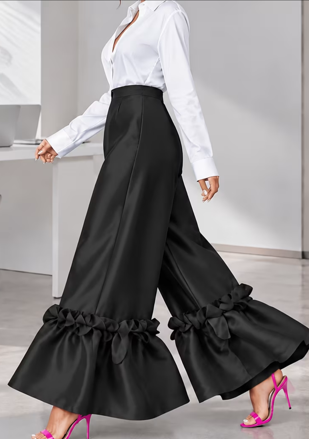 Plus Size Black High-Waist Wide-Leg Statement Ruffle Pants 1X–3X