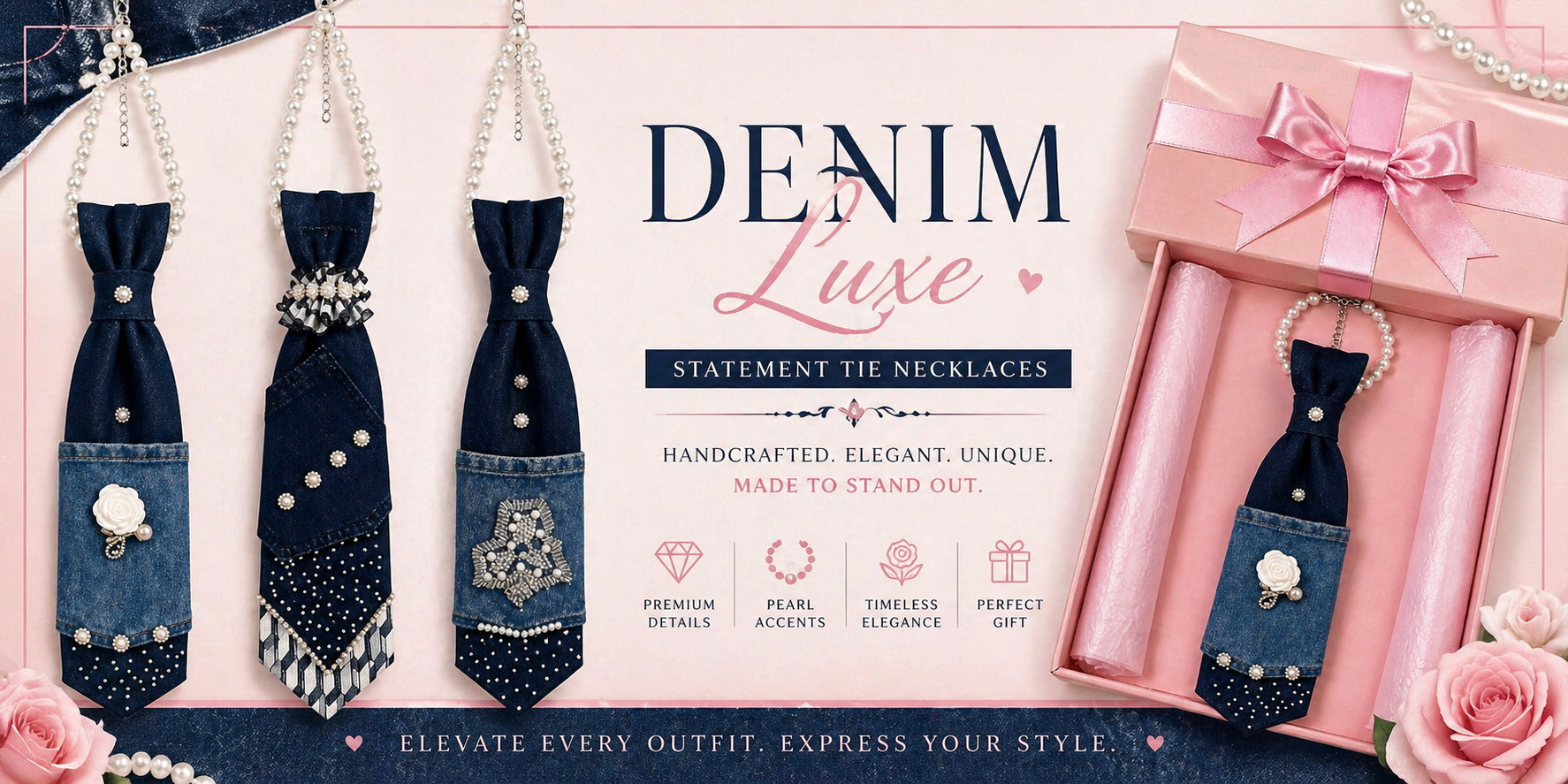 Denim tie necklaces with decorative elements on a pink background, featuring the brand 'Denim Luxe'.