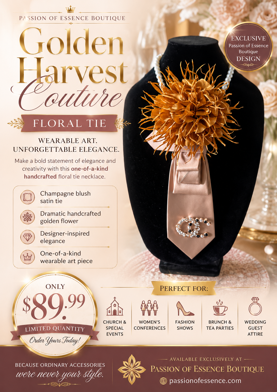Floral tie on a black stand with promotional text for Golden Harvest Couture, featuring a gold flower and letter 'G' design.