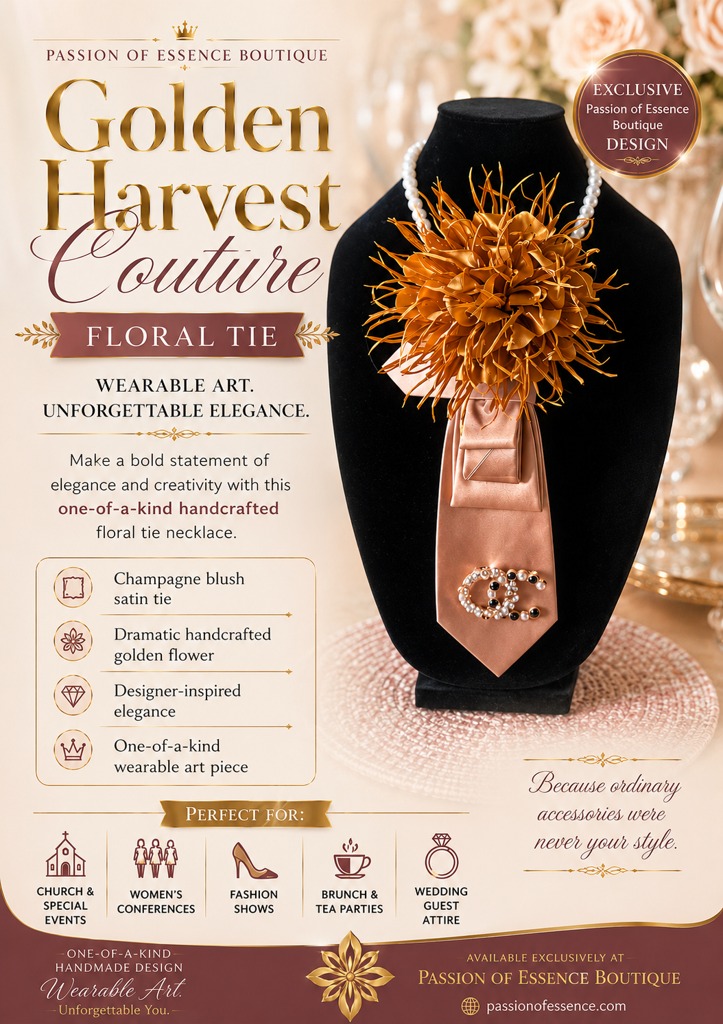 Floral tie necklace on a black stand with promotional text about Golden Harvest Couture.