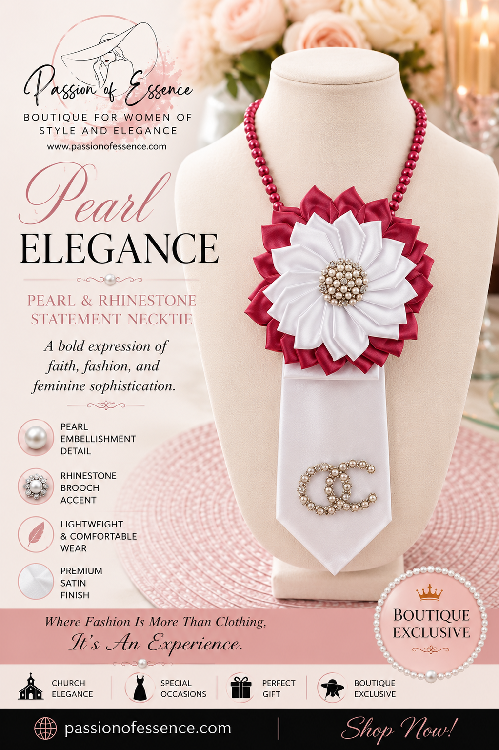 Pearl and rhinestone statement necklace on a mannequin with promotional text about Passion of Essence.