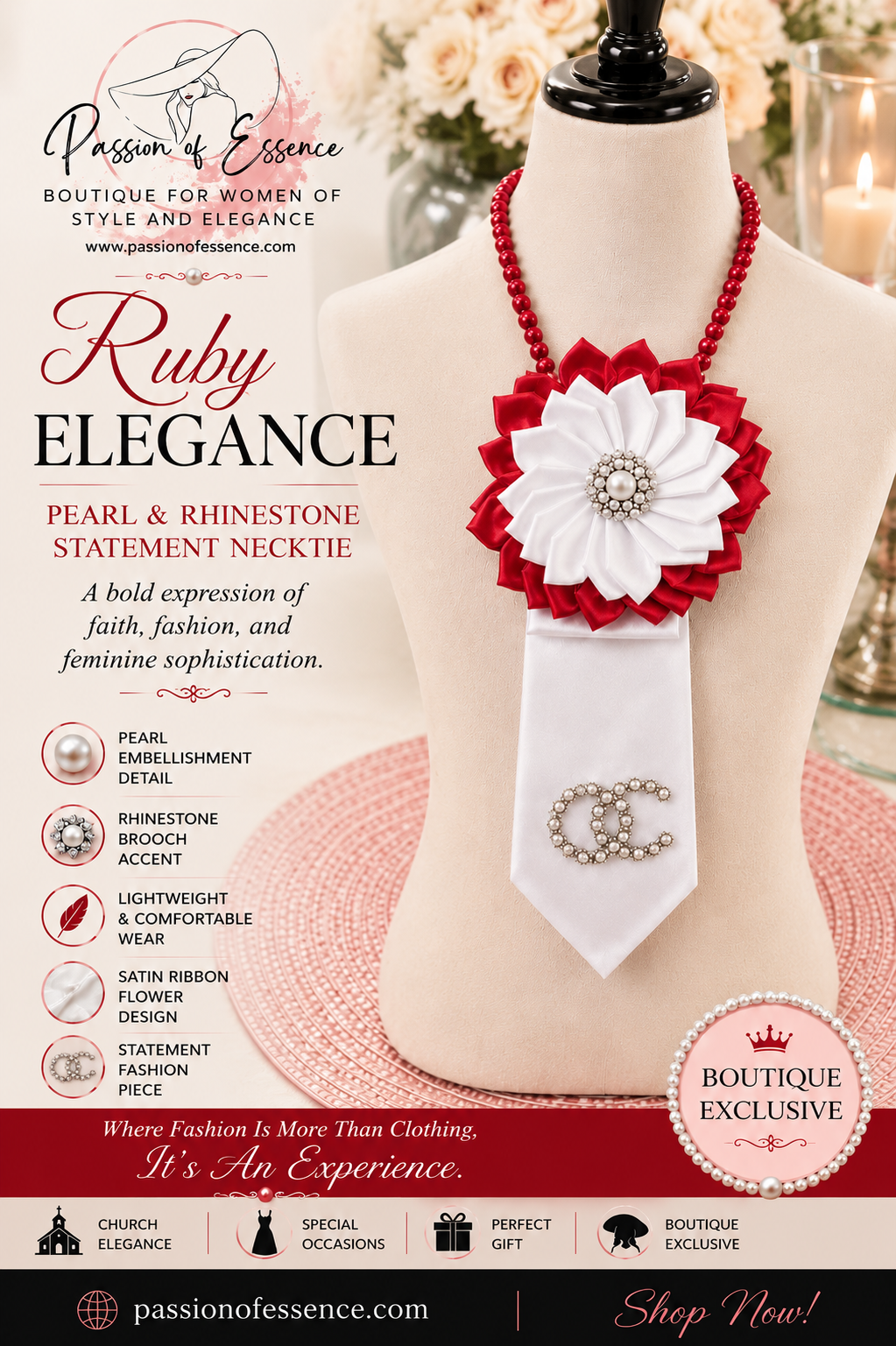 Pearl and rhinestone statement necklace on a mannequin with promotional text and branding.