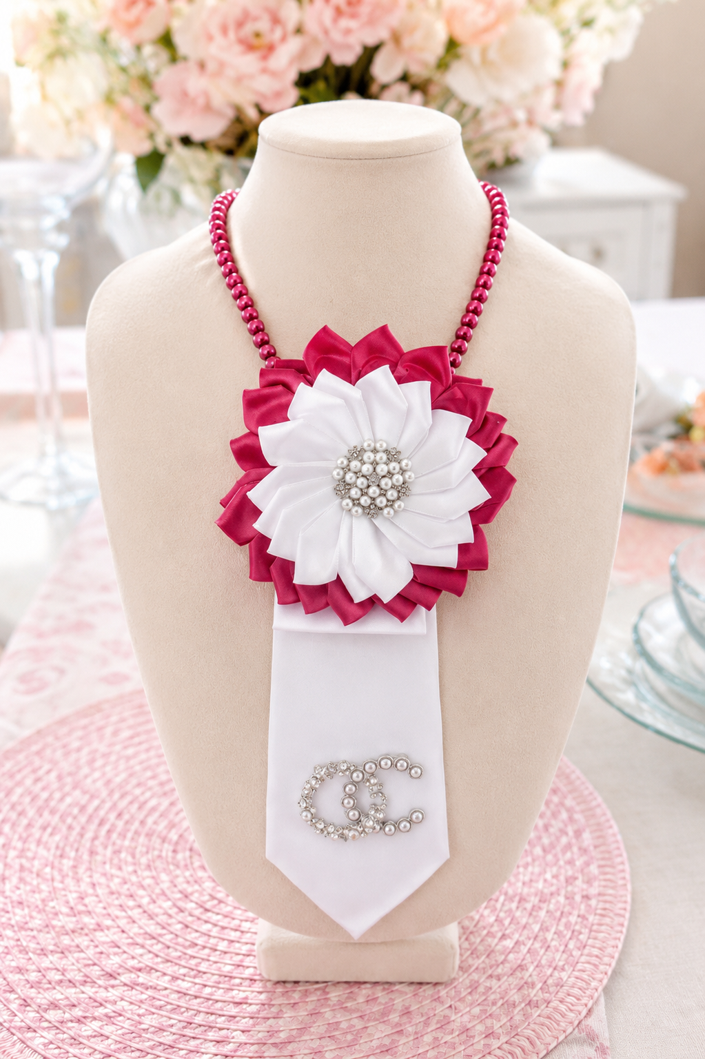 Necklace with a large white flower and pink accents on a mannequin bust.