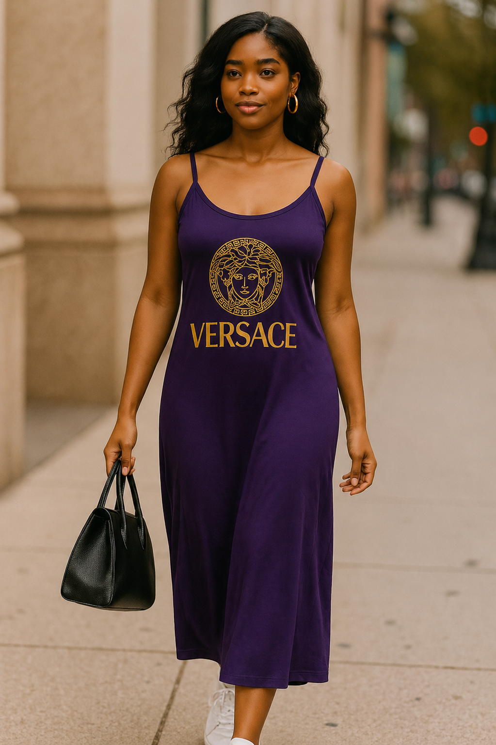 Purple Versace-Inspired Logo Midi Dress | Casual Luxe Street Style