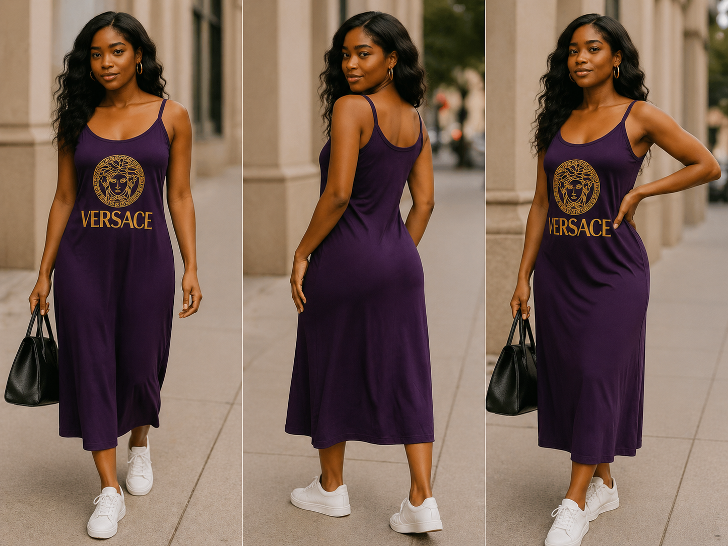 Purple Versace-Inspired Logo Midi Dress | Casual Luxe Street Style
