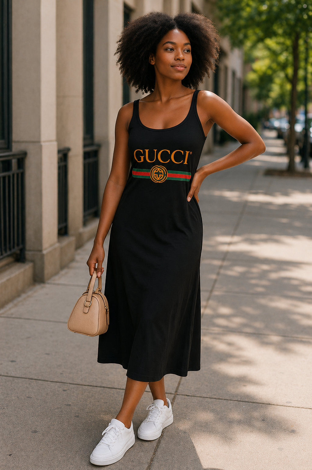 Woman wearing a black Gucci dress on a city street.
