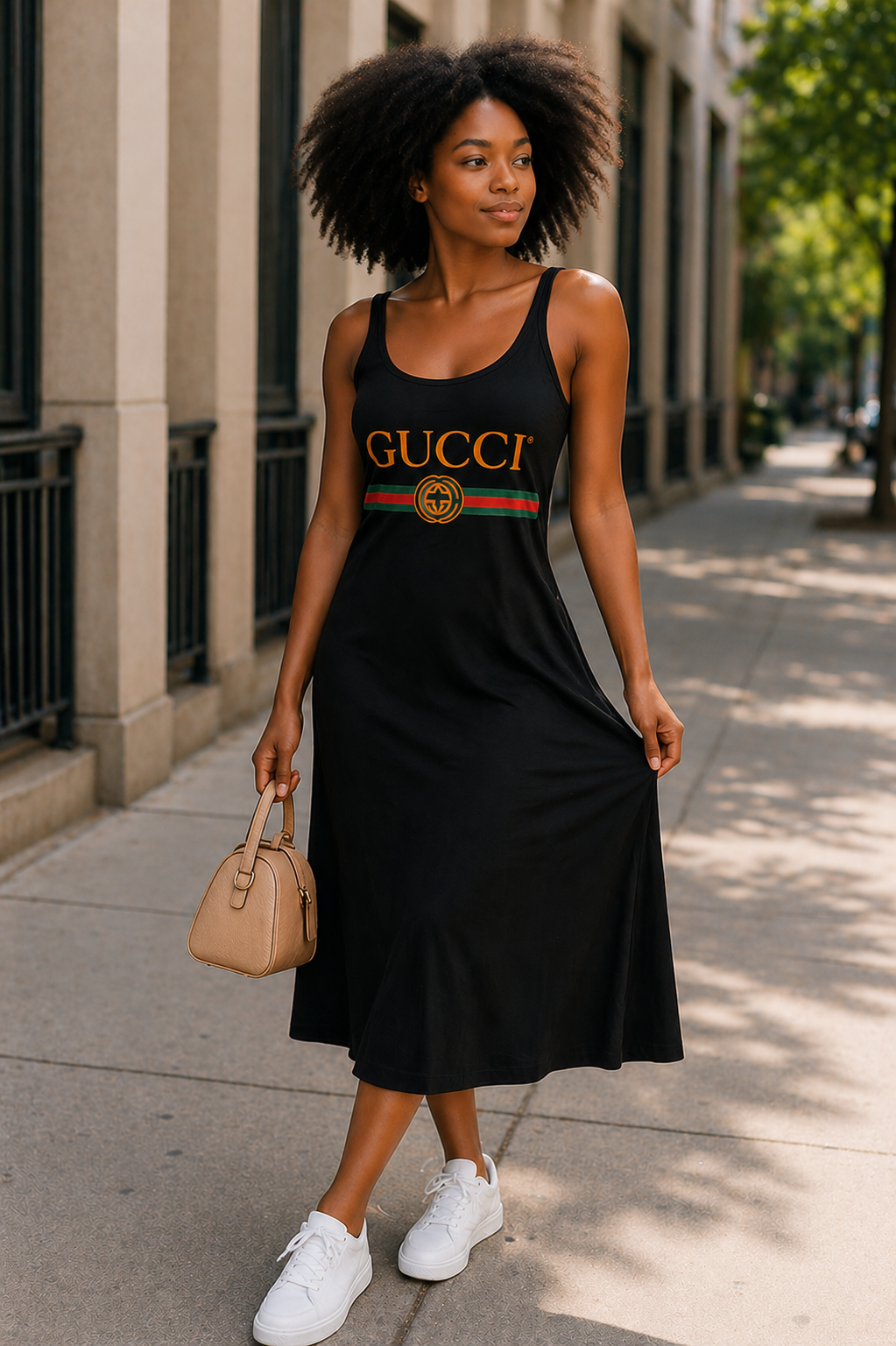 Woman wearing a black Gucci dress on a city street.
