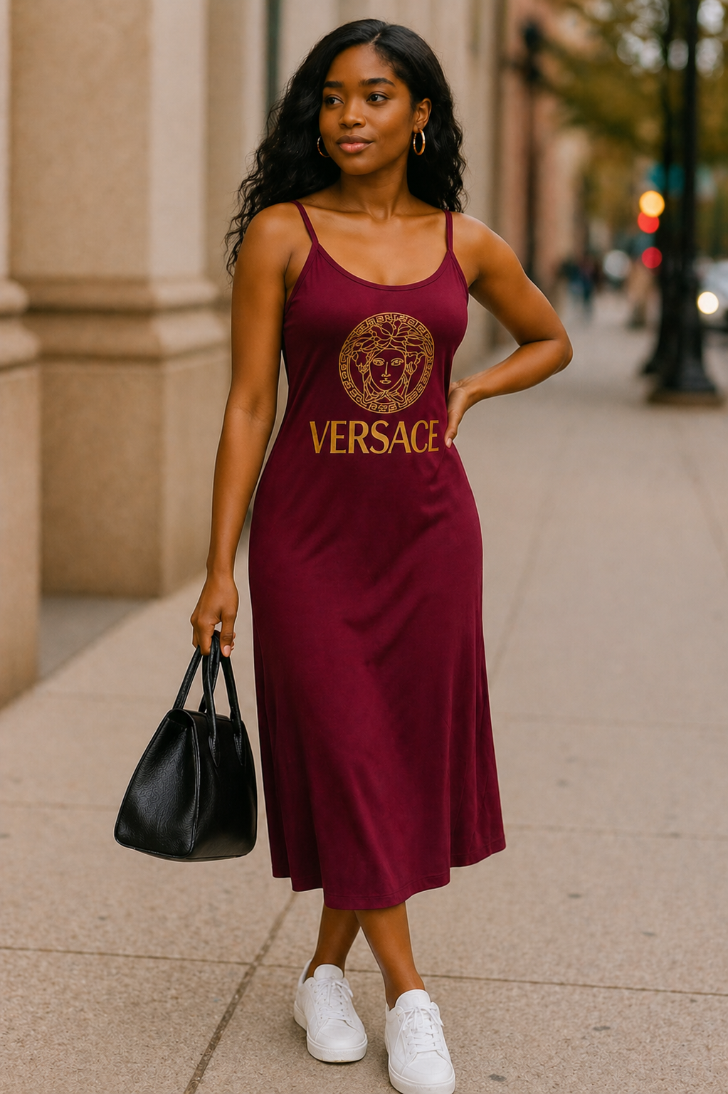 Woman wearing a burgundy Versace dress on a city street.