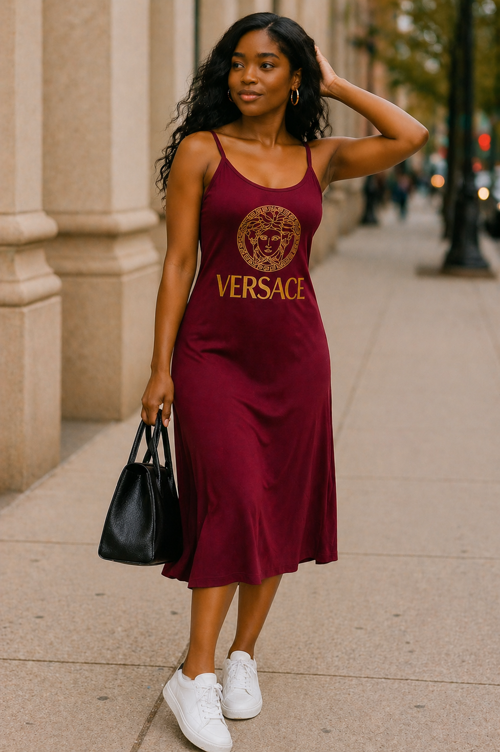 Woman wearing a Versace dress on a city street