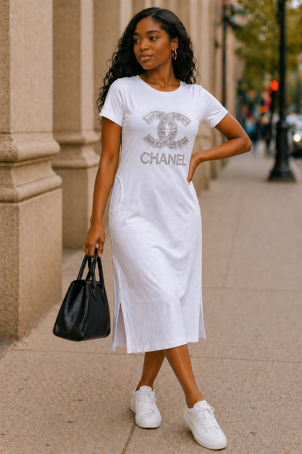 White Rhinestone Logo Midi Dress | Casual Luxe Street Style Dress with Pockets